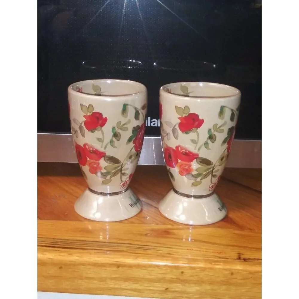 2 Lenox Bathroom Tumblers Wamsutta Springs Floral glazed Ceramic taupe beige